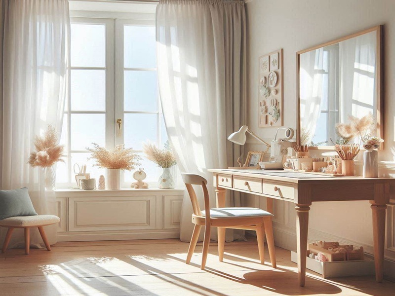 Bright craft room with natural lighting, large windows, and soft pastel decor for a creative workspace