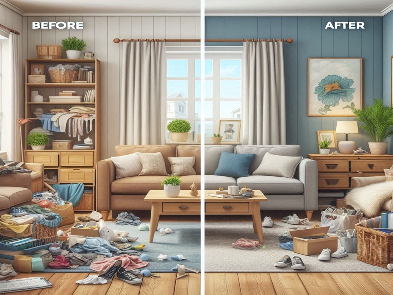 Before and After Image of a clutter-free and Rearranged room