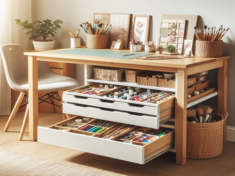 Small craft room with hidden under-table storage, pull-out drawers, and woven baskets for extra space.