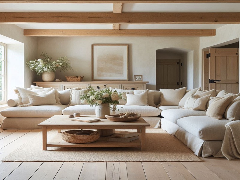 design farmhouse living room with natural color palette