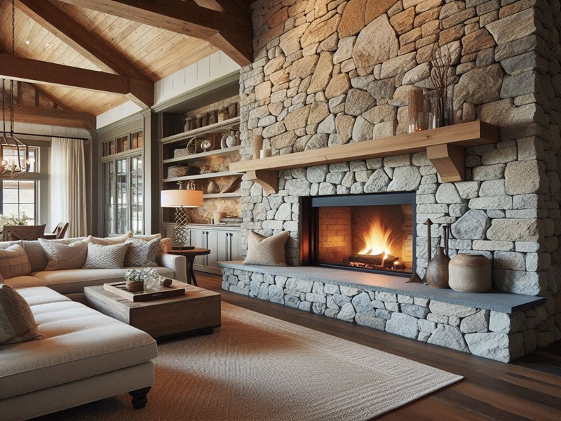 Stone Accents Farmhouse Living Room for Rustic Elegance