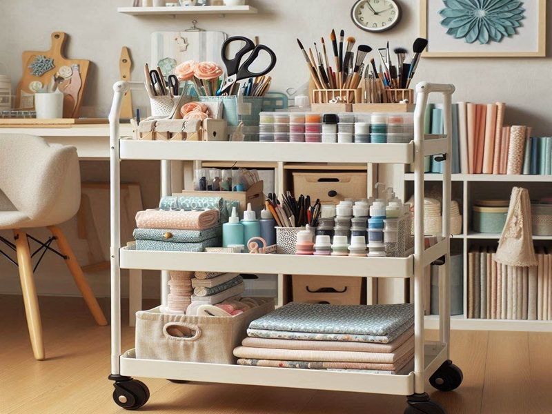 Space-saving craft room with a rolling cart storing craft essentials like scissors, markers, and paint.