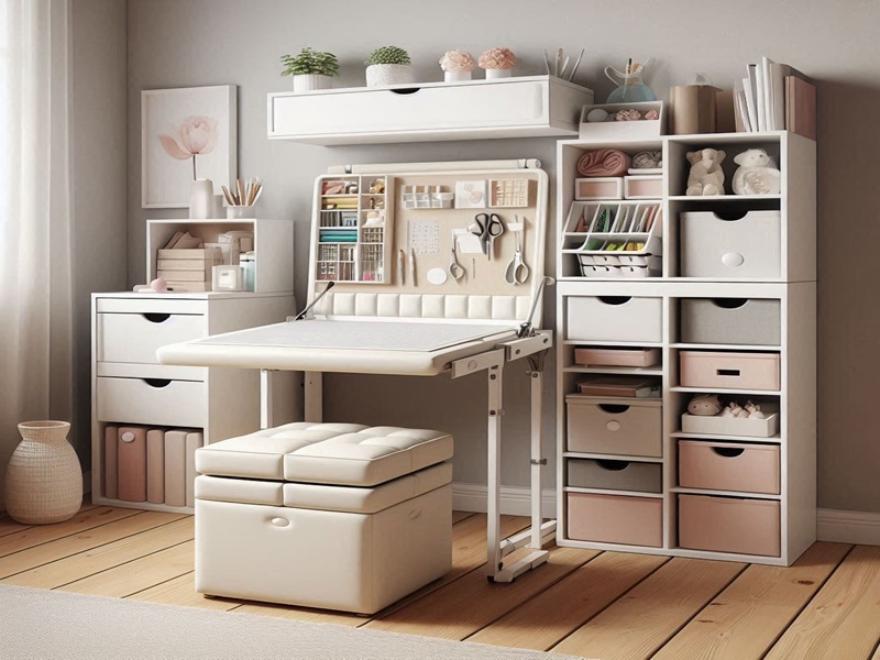 Compact craft room with foldable desk, modular storage, and hidden compartments for space-saving organization