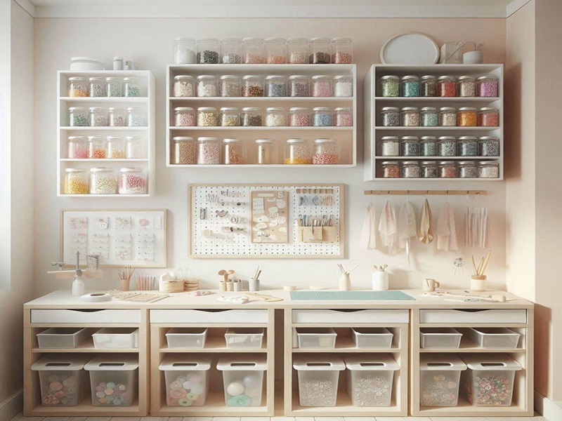 Minimalist craft room with open shelving and labeled clear containers for easy-access craft supplies.