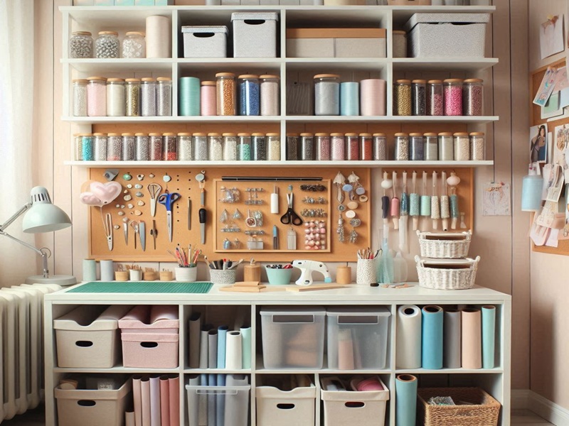 Small craft room with vertical storage, floating shelves, and pegboards for organized craft supplies.