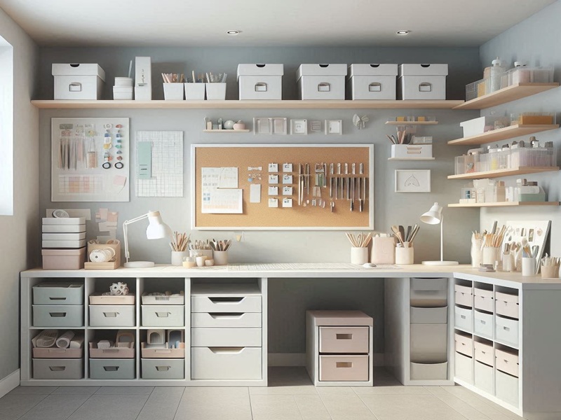 Neat and clutter-free craft room with smart storage solutions and labeled bins for better organization.