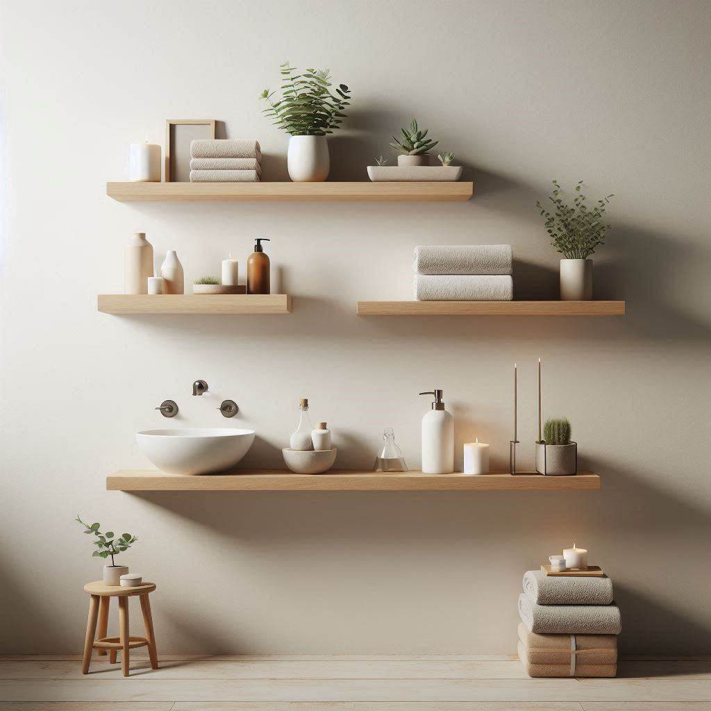 use floating shelves to maximize the space of small minimalist bathroom