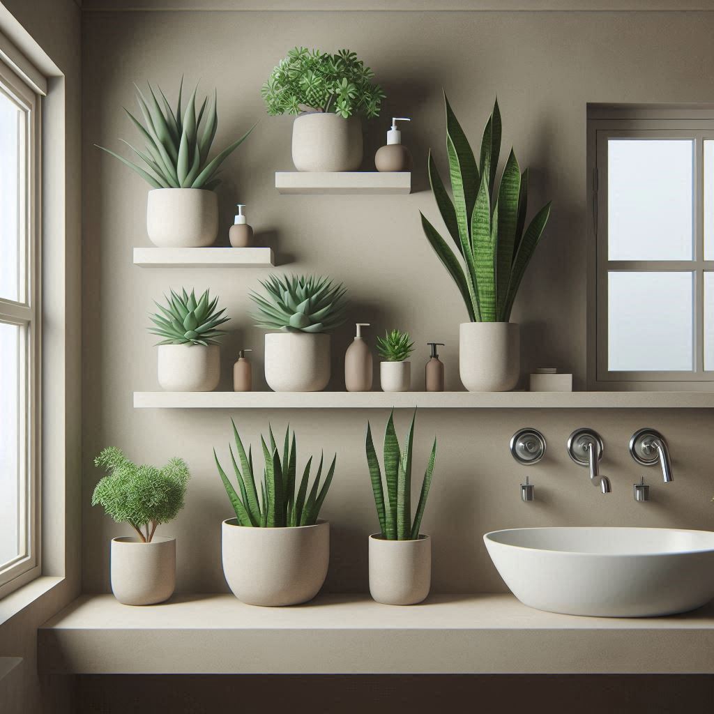 add indoor plant pots to add greenery in small bathroom