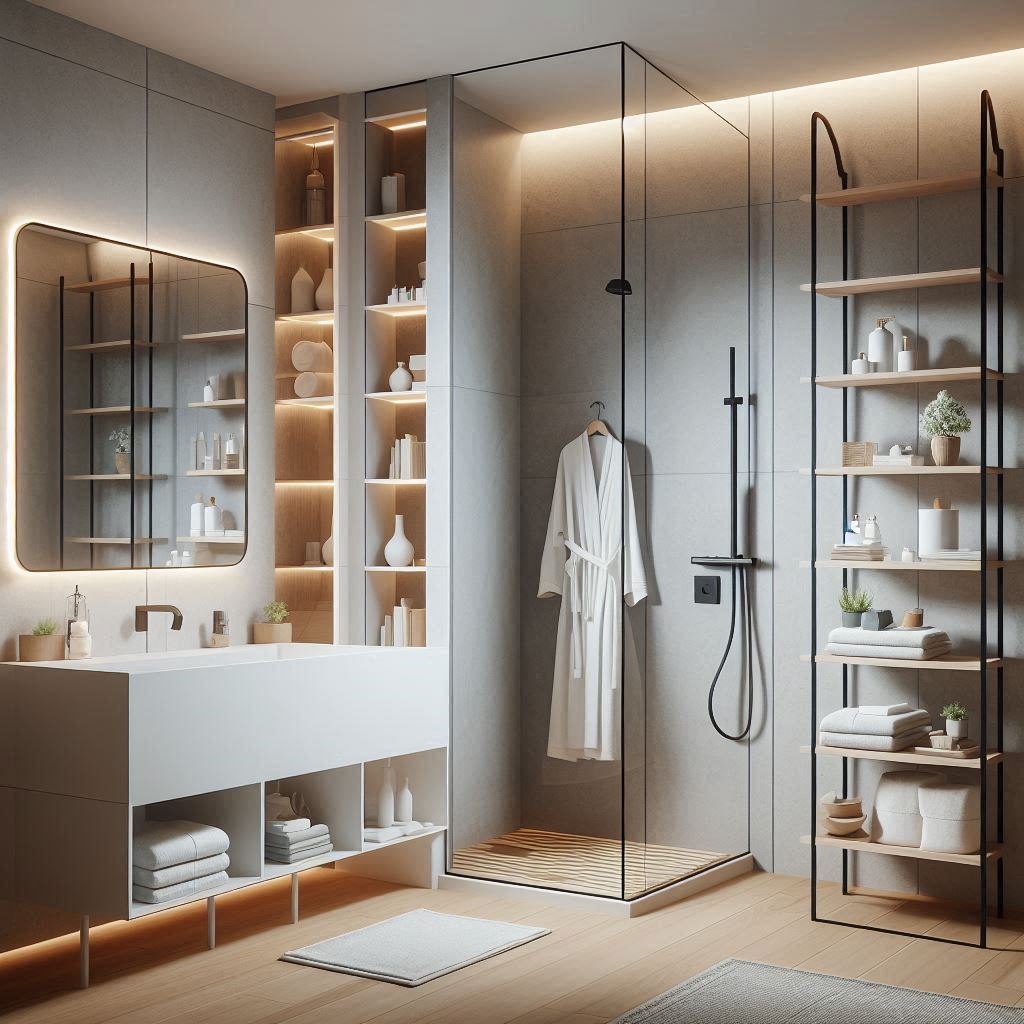 incorporate smart storage solutions in small minimalist bathroom