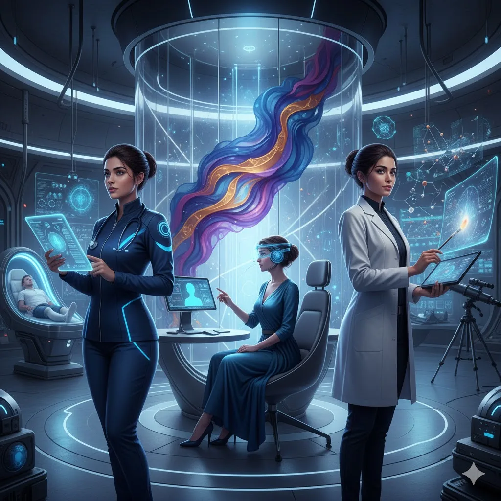 Shatabhisha Nakshatra girl pursuing careers as doctor, psychologist, researcher, and artist, confident and independent, modern astrology-inspired concept