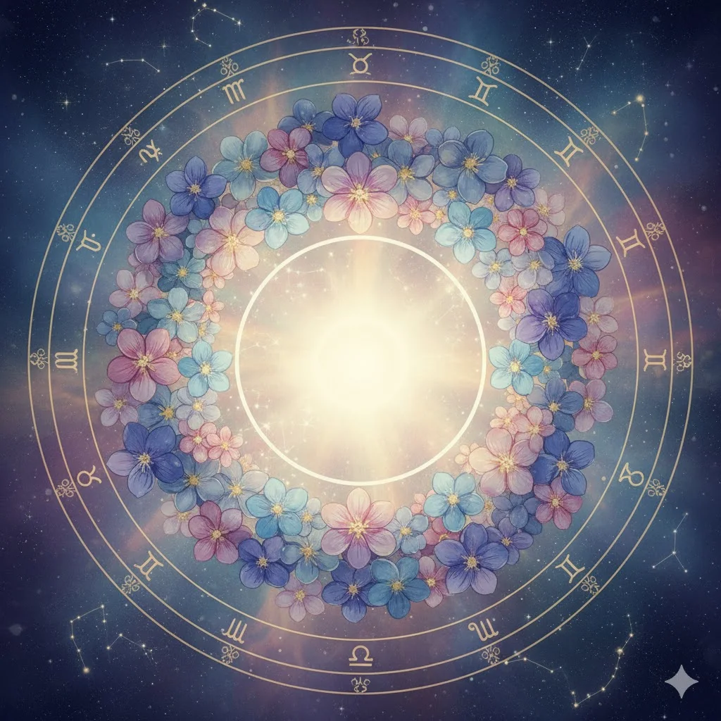 Shatabhisha Nakshatra symbol with hundred flowers and empty circle, mystical cosmic background, astrology illustration for baby girl names