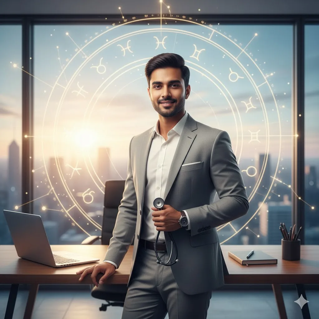 Modern symbolic image of a successful young Indian man. A doctor, entrepreneur, and leader representing career success for Ashwini Nakshatra born boys.