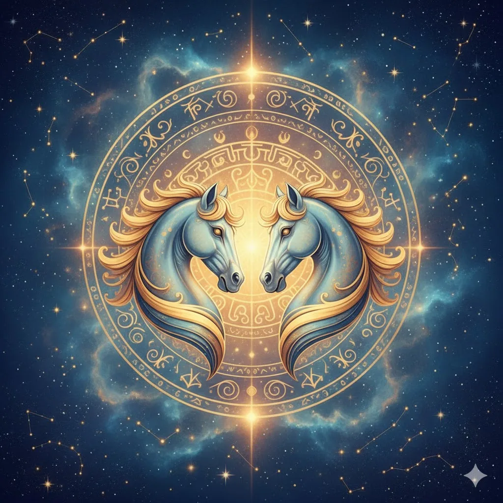Illustration of Ashwini Nakshatra symbol — A horse head with cosmic background representing speed, vitality, and new beginnings in Vedic astrology.