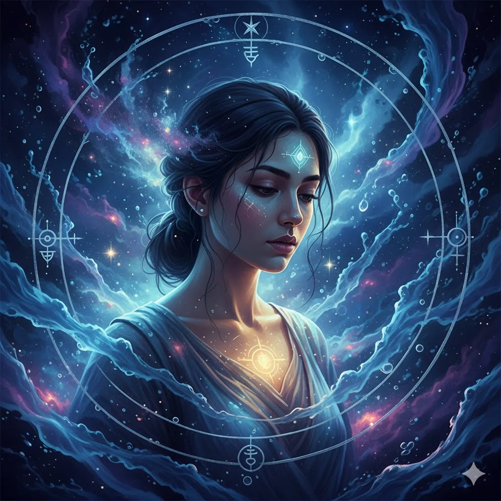 Thoughtful and introspective Shatabhisha Nakshatra girl, calm expression, cosmic water elements symbolizing Varuna, astrology-inspired illustration for personality traits