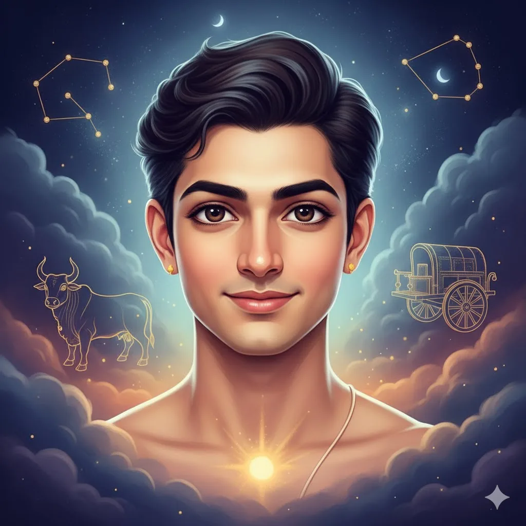 Portrait of a handsome boy born in Rohini Nakshatra with expressive eyes, symmetrical features, charming smile, calm Moon-inspired aura, divine and mystical Vedic astrology background.