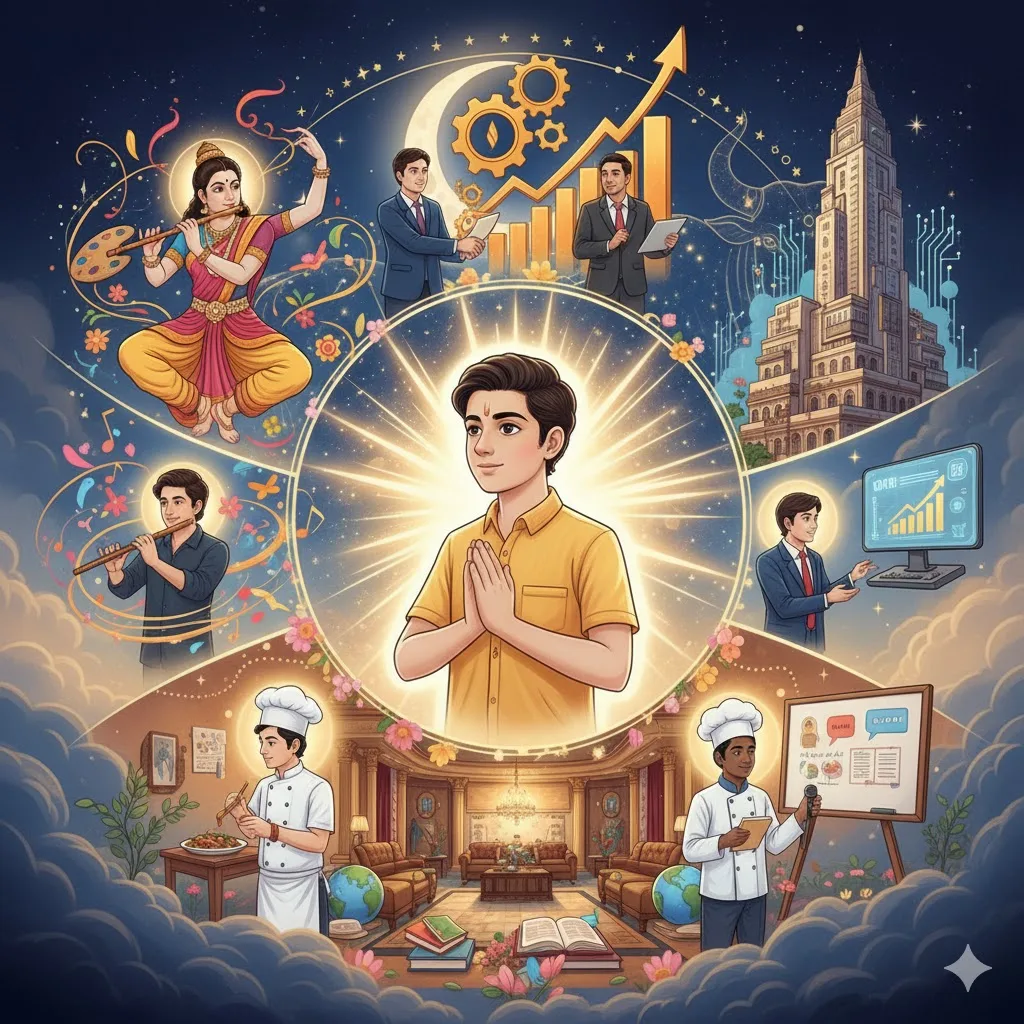 Boy born under Rohini Nakshatra excelling in arts, business, technology, hospitality, and communication careers, surrounded by symbols of creativity, leadership, and Vedic astrology energy.