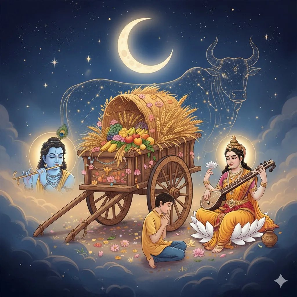 Rohini Nakshatra in Vedic astrology illustrated with bullock cart symbol, Moon as ruling planet, goddess Saraswati blessing a boy, Taurus zodiac in background, divine and mystical celestial scene.